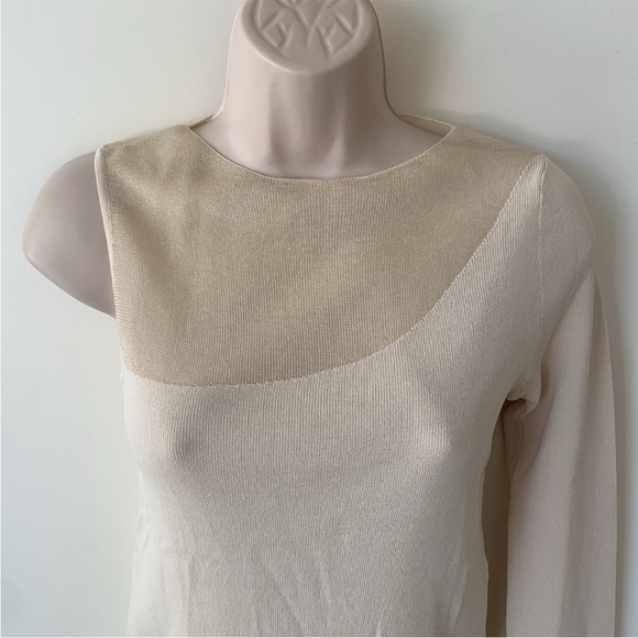 Zara Ivory Illusion Sheer Neck One Shoulder Asymmetric Knit Top size small - Picture 7 of 8